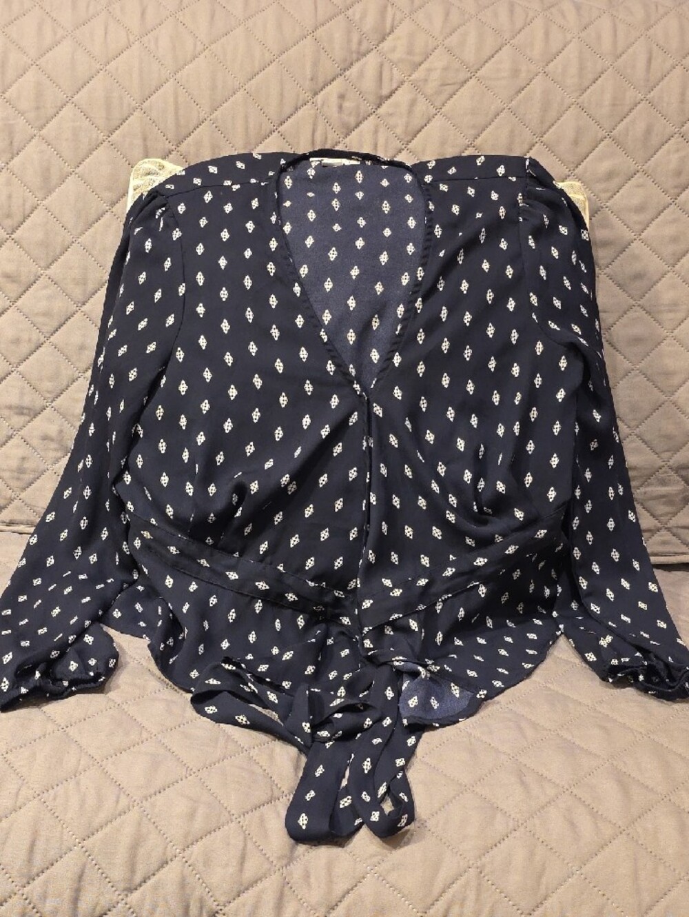 Vixbe Jilee Navy Diamond Printed V-Neck Tie-Waist Wrap Blouse - Picture 8 of 11
